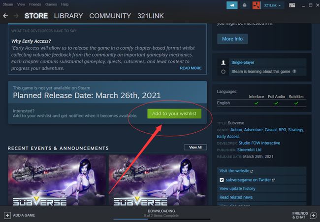 《Subverse》添加steam愿望清单方法分享